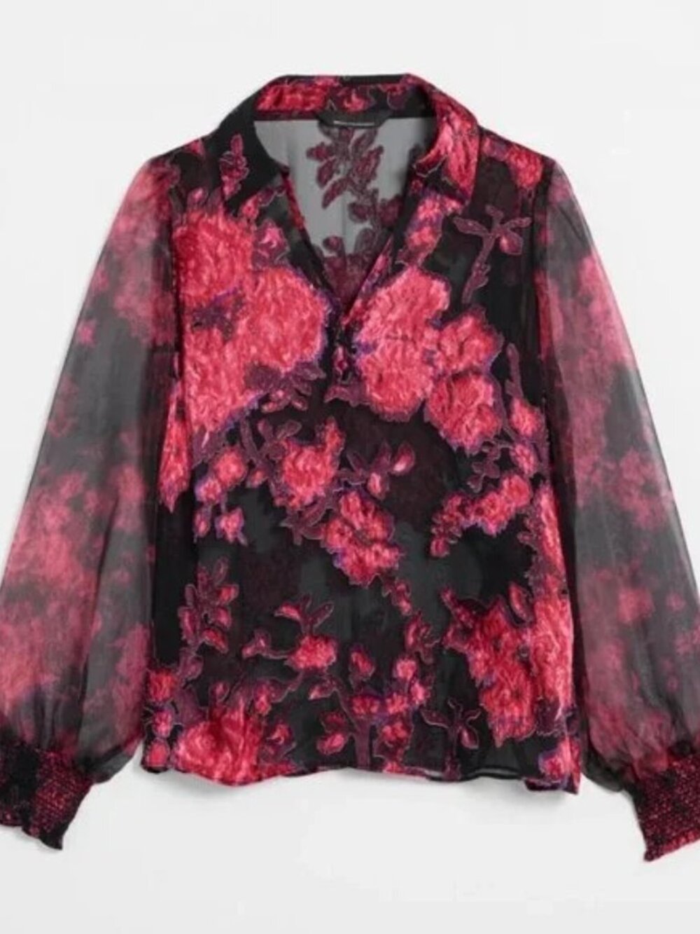 White House Black Market Floral Silk Burnout Blouse Top